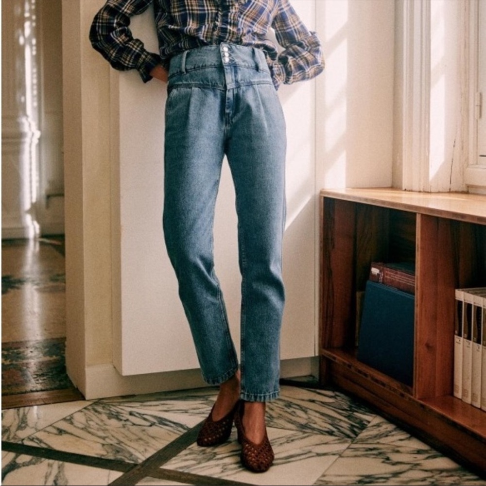 Sezane Sidney  | High Waisted Straight Leg Jeans Button Detail Blue Denim
